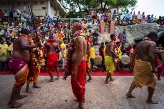 GUWAHATI, INDIA, AUGUST 19: Priests dance in the beat of Dhol (Drum) during the annual