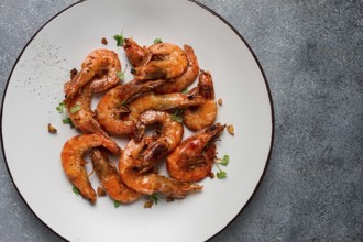 Fried tiger prawns, with spices, homemade, top view