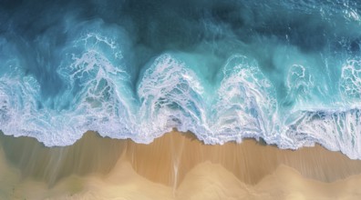 Drone bird's eye view of the ocean waves hitting the shore and sandy beach, AI generated