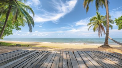 A beautiful beach with a palm tree in the foreground. Concept of relaxation, vacation and cruise,