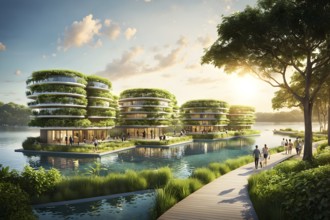 3d rendering of a sustainable engaged waterfront development with floating solar panels, AI