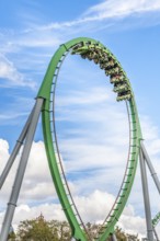 Park guest riding the Incredible Hulk Roller Coaster in Marvel Super Hero Island at Universal