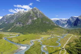 Aerial view of the road from Hafslo to valley Austerdalen at glacier Jostedalsbreen, Sognefjord