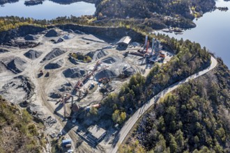 Aerial view of machines at a gravel pit near Risor, norwegian southern coast, Norway, Europe