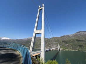 Suspension bridge over the Hardangerfjord, wideangle shot, spring, Hardanger, Norway, Europe