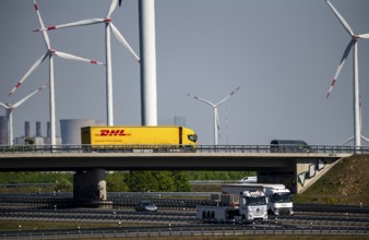 Jackerath motorway junction, A44 and A61 motorways, in the Rhenish lignite mining area, wind farm,