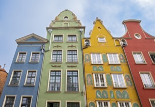 Close-up of colourful facades of townhouses on Dluga street, Gdansk, Gdansk, Poland, Europe