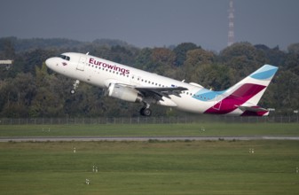 Düsseldorf Airport, aircraft taking off, from the main runway, Eurowings Airbus