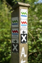 Hiking signs of the Baldeneysteig and the Kettwiger Panoramasteig, hiking trails in Essen, North