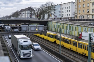 The Hausackerbrücke, inner-city road bridge over the A40 motorway and the U18 light rail line,