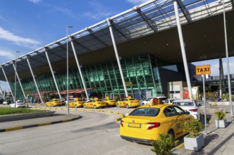 Taxis outside terminal building Tirana International Airport Nënë Tereza, Mother Theresa Rinas