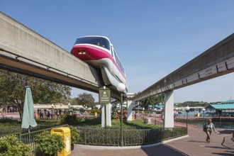 Elevated electric monorail train at the Magic Kingdom in Walt Disney World, Orlando, Florida, USA,