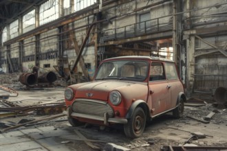 An old, weathered and dusty British vintage car, wreck, of the Mini Cooper type from the 1960s