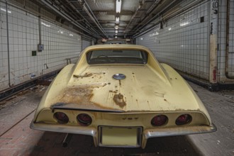 An old, weathered and dusty US-American classic car, wreck, of the type Chevrolet Corvette Stingray