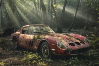 An old, weathered and dusty Italian racing sports car vintage car, wreck, of the type Ferrari GTO