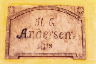 Odense, Old Town, plaque on the Hans Christian Andersen House, probable birthplace of the poet and