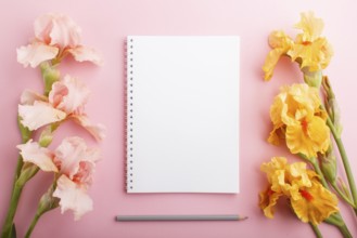 Pink and orange iris flowers with notebook on pastel pink background. Morninig, spring, fashion