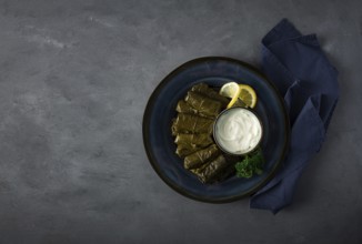 Dolma, cabbage rolls, grape leaves with filling, white sauce, lemon and herbs, rustic, selective