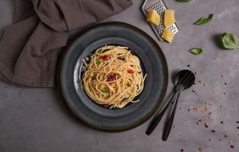 Pasta with tomato sauce and cheese, Italian traditional dish, close-up, no people