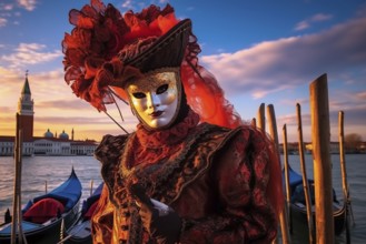 A person adorned in a richly detailed and colorful carnival costume, complete with an elaborate