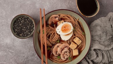 Asian soba soup, with mushrooms and egg, cheese, sesame seeds, homemade, no people