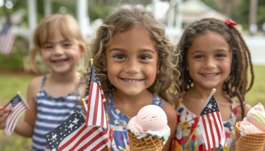 Cute children celebrating with friends and family outdoors with ice cream cones. generatvie AI, AI