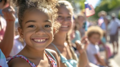 Cute african american girl celebrating the american holiday with friends and family at the parade.