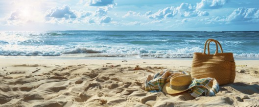 Beach scene with a straw hat, beach bag. Summer vacation, palm trees and ocean in the background,