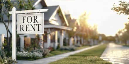 Home for rent real estate sign in front of house. generative AI, AI generated