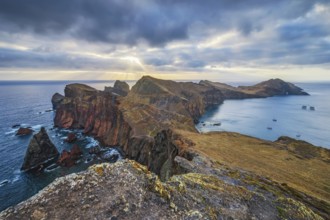 Madeira Island scenic rugged landscape, Ponta do Sao Lourenco cape on sunrise, Abismo viewpoint.