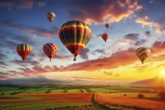 A colorful hot air balloons floats in sky over a blooming field meadow of flowers landscape at