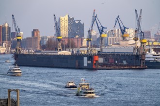 Hamburg harbour, Blohm + Voss shipyard, dry dock, dock 11, Elbe Philharmonic Hall concert hall in