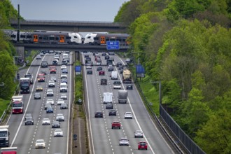 Rhein-Ruhr-Express, RRX train, crossing the A3 motorway, traffic on 8 lanes, including the