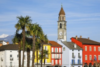 Colourful house facades on the lakeside promenade of Ascona on Lake Maggiore, Canton Ticino,