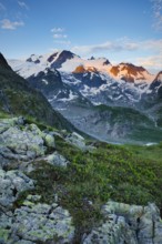 Sunrise with Gwächtenhorn and Steingletscher on the Susten Pass, Canton of Bern, Switzerland,