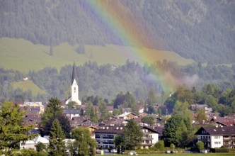 View over Oberstdorf with rainbow, Oberallgäu, Bavaria, Germany, Europe