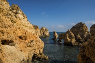 Coastal landscape with colourful rocks, Ponta da Piedade, Lagos, Algarve, Portugal, Europe