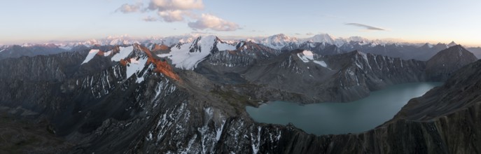 Evening mood, mountain panorama, aerial view, 4000 metre peak with glacier, mountain pass and