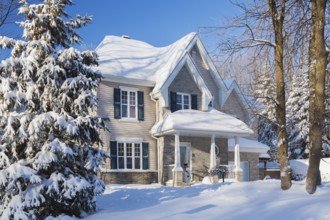 Country tan brick and vinyl cladded cottage style house facade with blue trim in winter, Quebec,