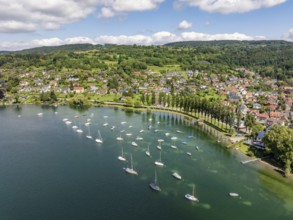 Aerial view of the boat harbour with the village of Wangen on the Höri peninsula, Schiener Berg on