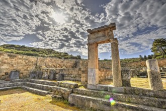 HDR, Super wide angle shot, Ancient ruins with stone walls and columns under a sunny sky with