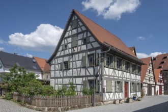 Historic half-timbered house with cottage garden, Forchheim, Upper Franconia, Bavaria, Germany,