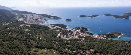 Aerial view, Pakleni or Paklinski Islands off the island of Hvar, Dalmatia, Croatia, Europe