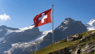 Flag, the national flag of Switzerland flutters in the wind