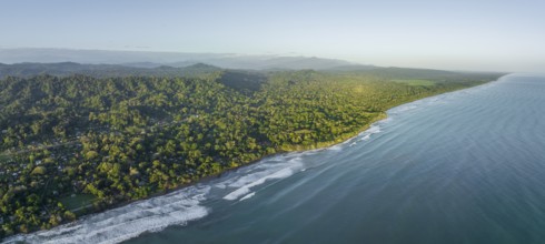 Aerial view, view of Cahuita National Park, coast and coastal landscape with forest, Cahuita,