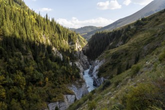 Mountain landscape with river in a narrow mountain valley in autumn, Little Naryn or Kichi-Naryn,