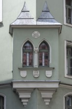 Historic bay window on a corner house, Regensburg, Upper Palatinate, Bavaria, Germany, Europe