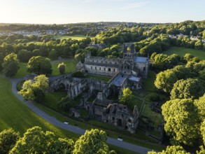 Kirkstall Abbey from a drone, Kirkstall, River Aire, Leeds, West Yorkshire, England, United