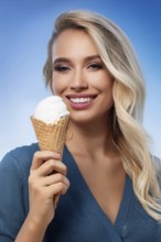 A blonde woman enjoys eating an ice cream in a cone