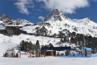 Ein Skigebiet in Andorra mit schneebedeckten Bergen, verschiedenen Liften und einer Bergstation